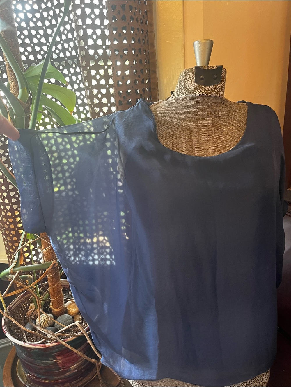 Women's Navy Blue Chiffon Blouse - Scoop Neck